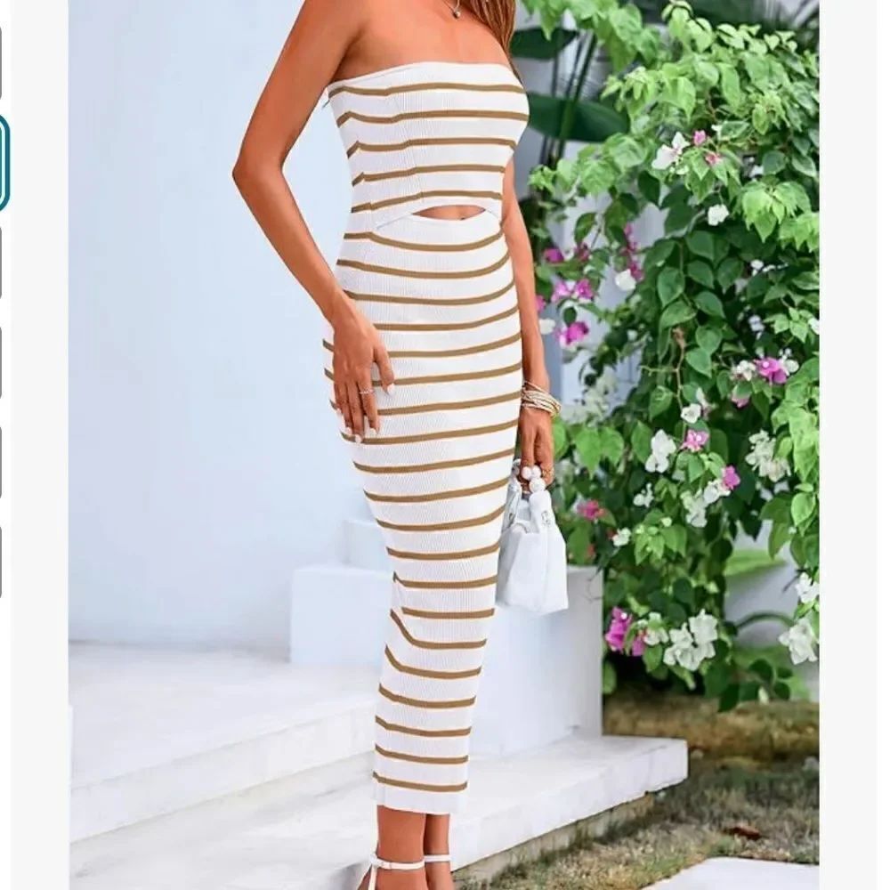 BRAND NEW Striped Bodycon Dress Tan & White Fitted Knit Tube Dress - Size Small